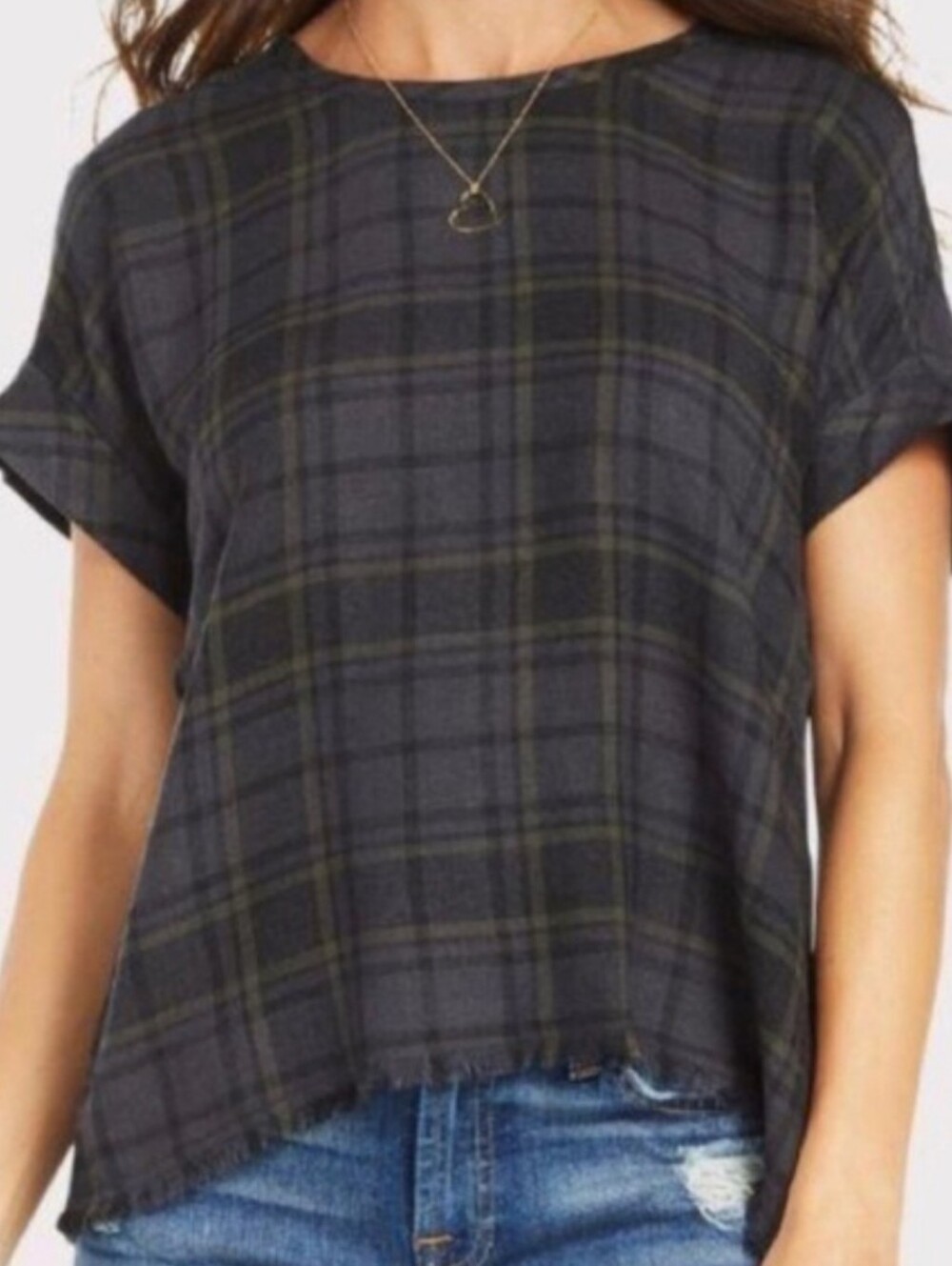 Anthropologie cloth & stone Charcoal Plaid Back Button Top Sz L